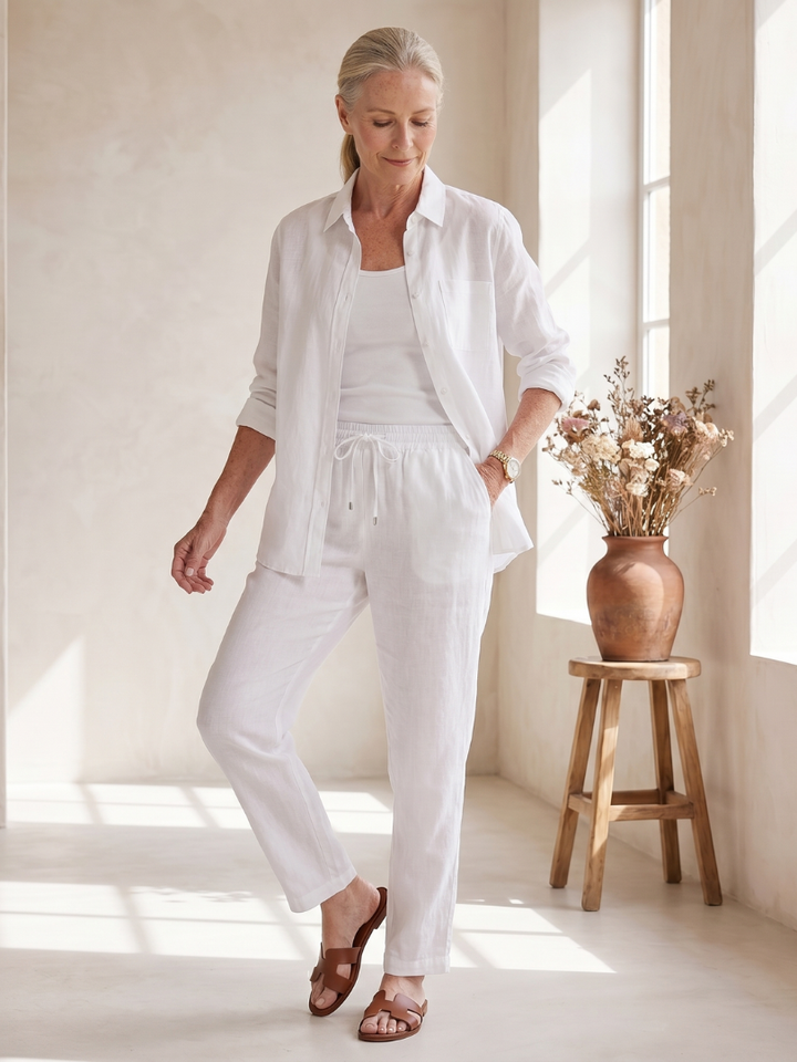 Heidi | Leinen-Set mit Hemd und schmaler Hose – Weiß – Ansicht 05