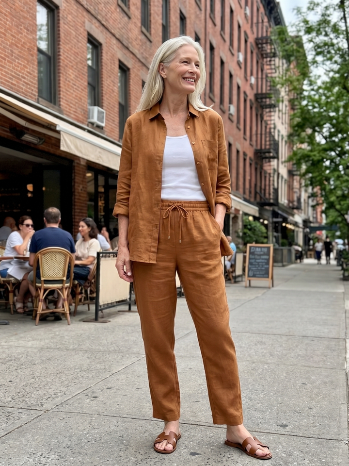 Heidi | Leinen-Set mit Hemd und schmaler Hose – Braun – Ansicht 06