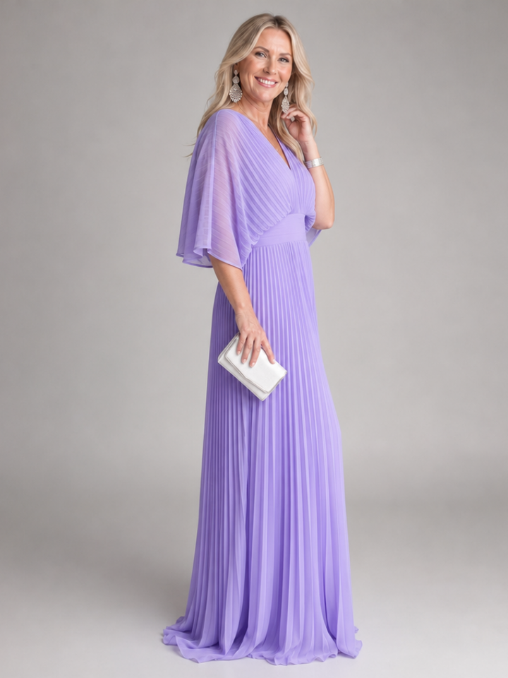 Ingrid | Plissee-Abendkleid mit V-Ausschnitt und langen Ärmeln – Ansicht 02