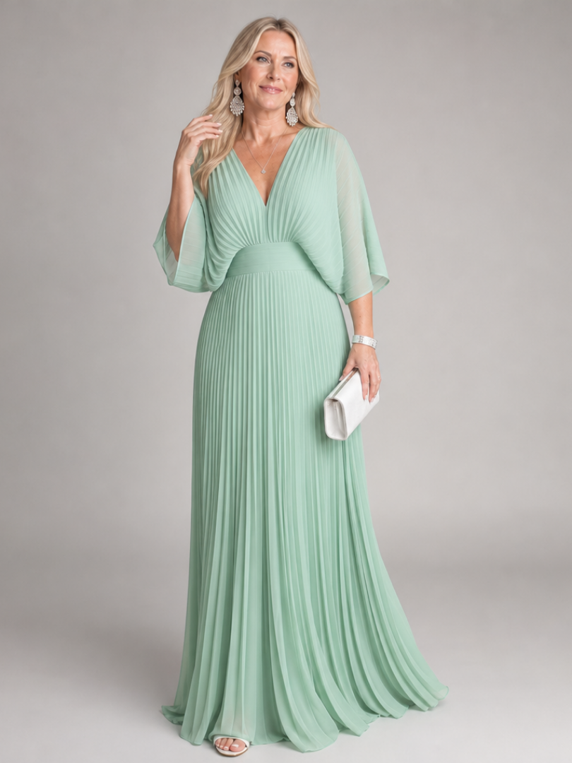 Ingrid | Plissee-Abendkleid mit V-Ausschnitt und langen Ärmeln – Ansicht 04
