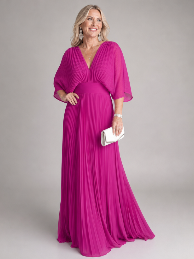 Ingrid | Plissee-Abendkleid mit V-Ausschnitt und langen Ärmeln – Ansicht 05