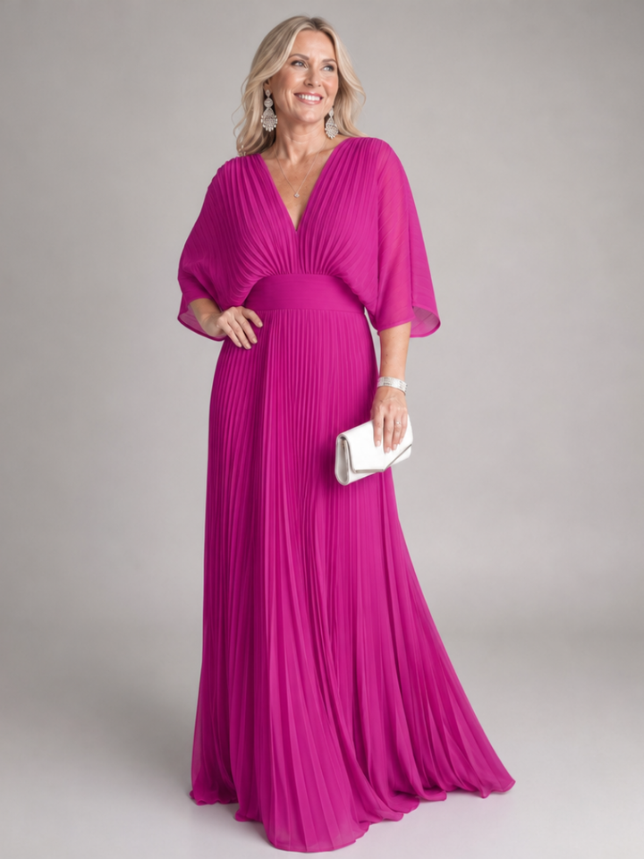 Ingrid | Plissee-Abendkleid mit V-Ausschnitt und langen Ärmeln – Ansicht 05