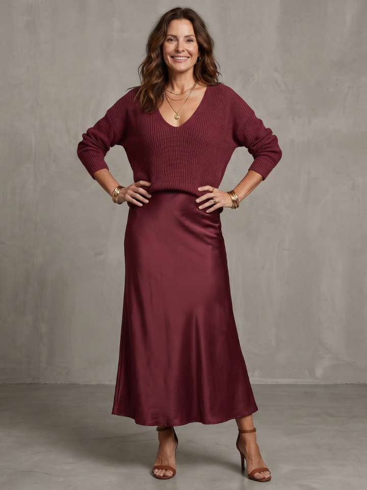 Juliane | Strick-Set mit Satin-Rock – Bordeaux – Ansicht 05