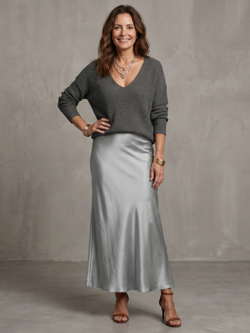 Juliane | Strick-Set mit Satin-Rock – Grau – Ansicht 06