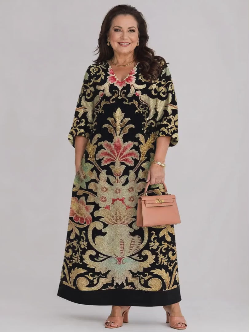 Gisela | Boho-Midikleid mit Vintage-Muster und Taschen