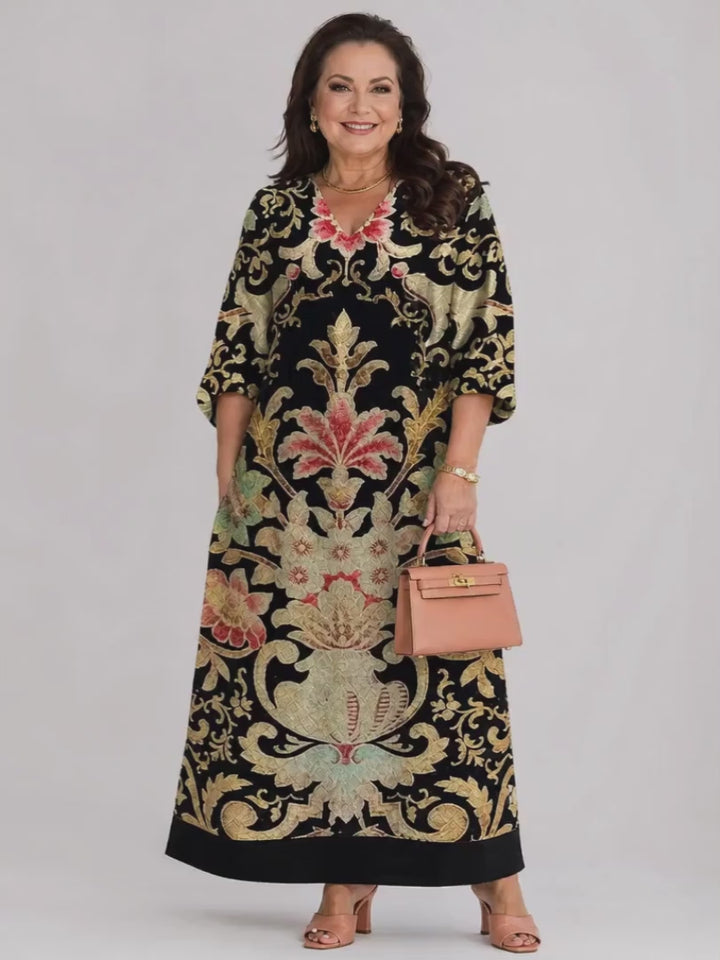 Gisela | Boho-Midikleid mit Vintage-Muster und Taschen