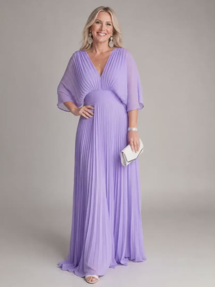 Ingrid | Plissee-Abendkleid mit V-Ausschnitt und langen Ärmeln