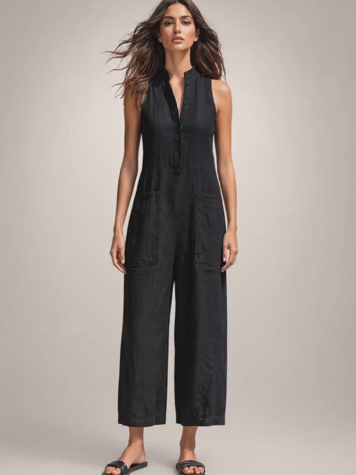 Frieda | Ärmelloser Leinen-Jumpsuit mit Stehkragen