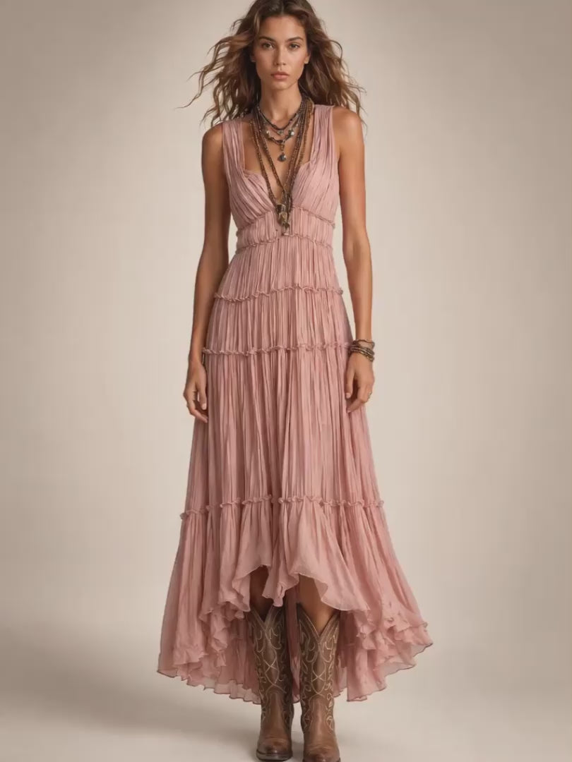Gundula | Gestuftes Boho-Maxikleid mit V-Ausschnitt