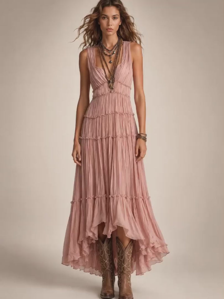 Gundula | Gestuftes Boho-Maxikleid mit V-Ausschnitt