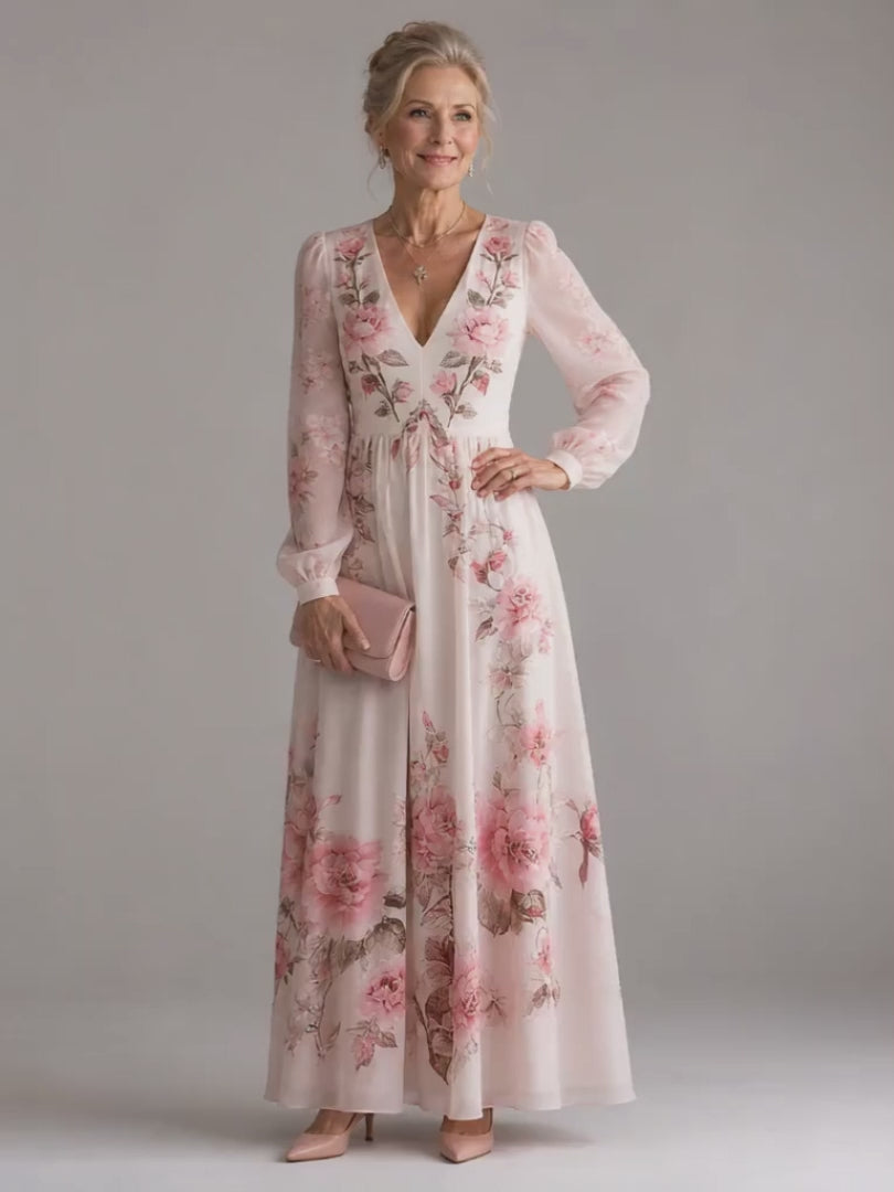 Henriette | Geblümtes Langarm-Midikleid