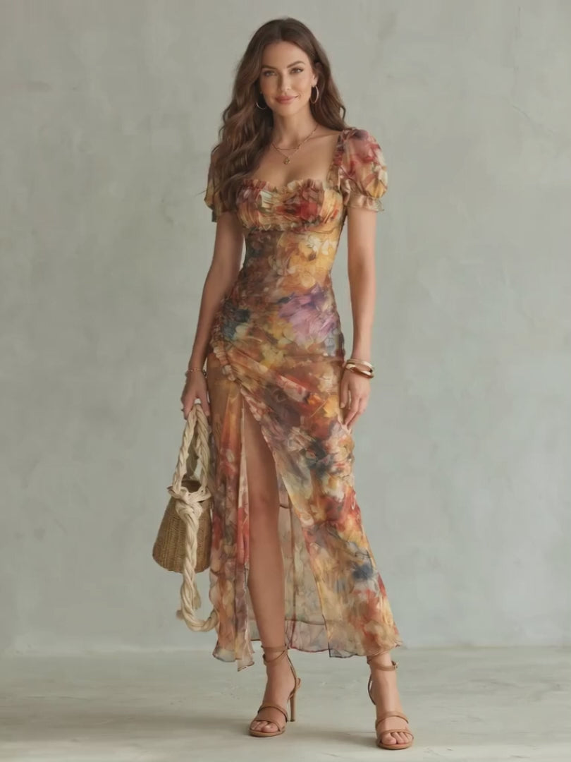 Hannelore | Volant-Midikleid mit Raffung und Schlitz