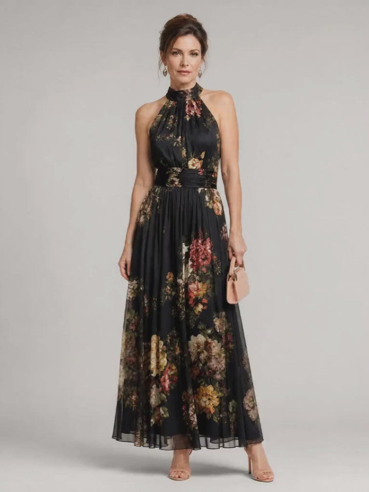Wilhelmine | Neckholder-Midikleid mit Blumenmuster in Schwarz