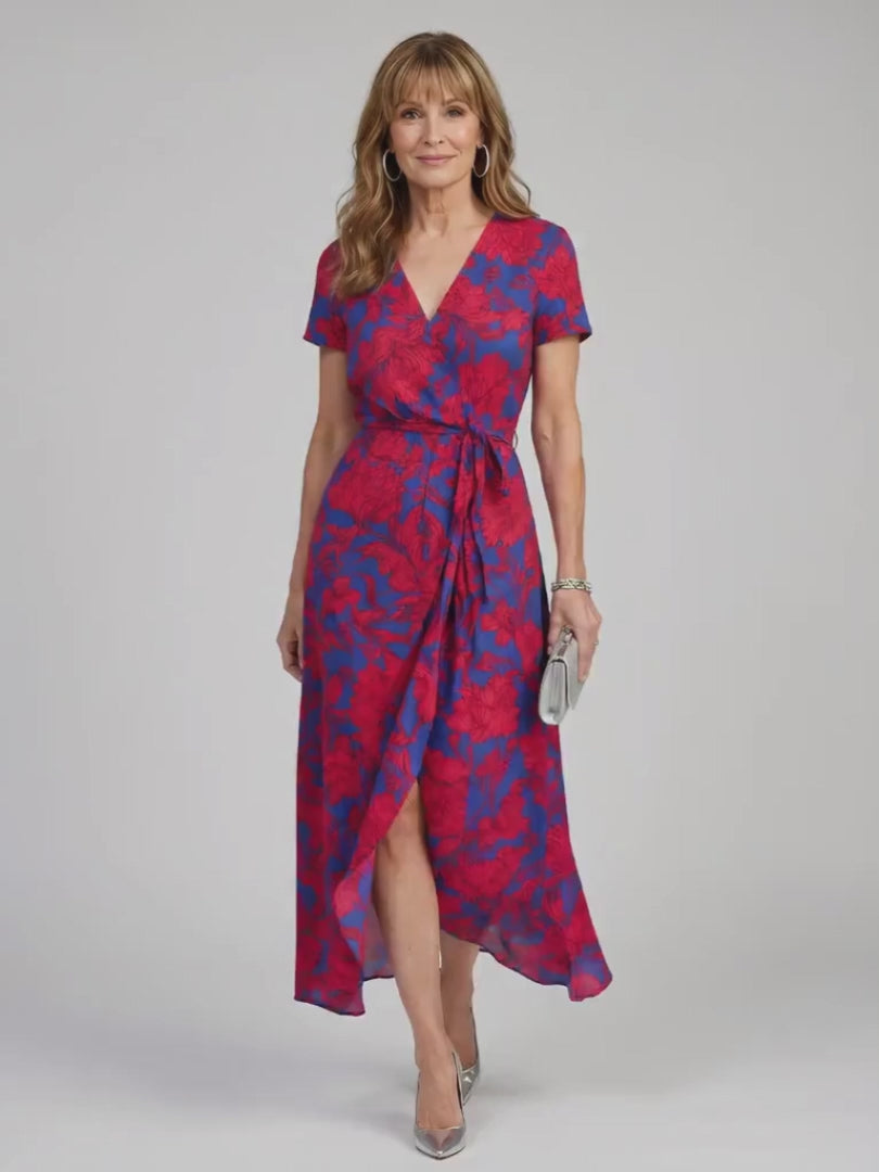 Lotte | Blumiges Wickelmidikleid mit kurzen Ärmeln