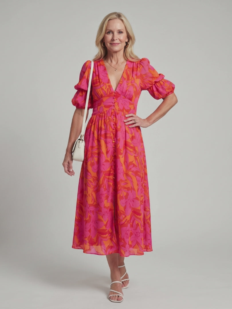 Petra | Midikleid mit Puffärmeln und Blumenmuster