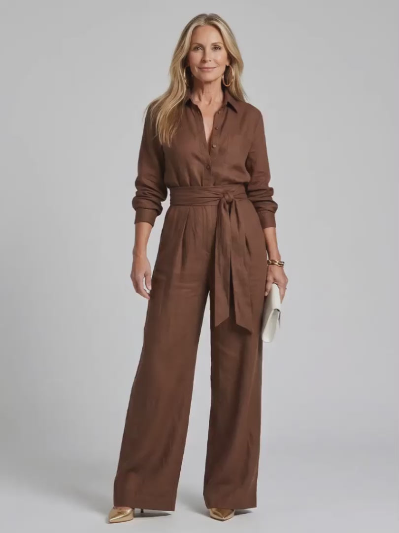 Ulrike | Langärmliger Jumpsuit mit Knopfleiste und Bindegürtel