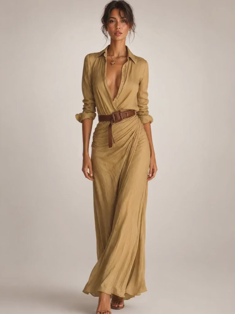 Auguste | Elegantes Maxikleid mit Reverskragen und Gürtel