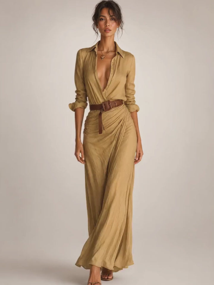 Auguste | Elegantes Maxikleid mit Reverskragen und Gürtel