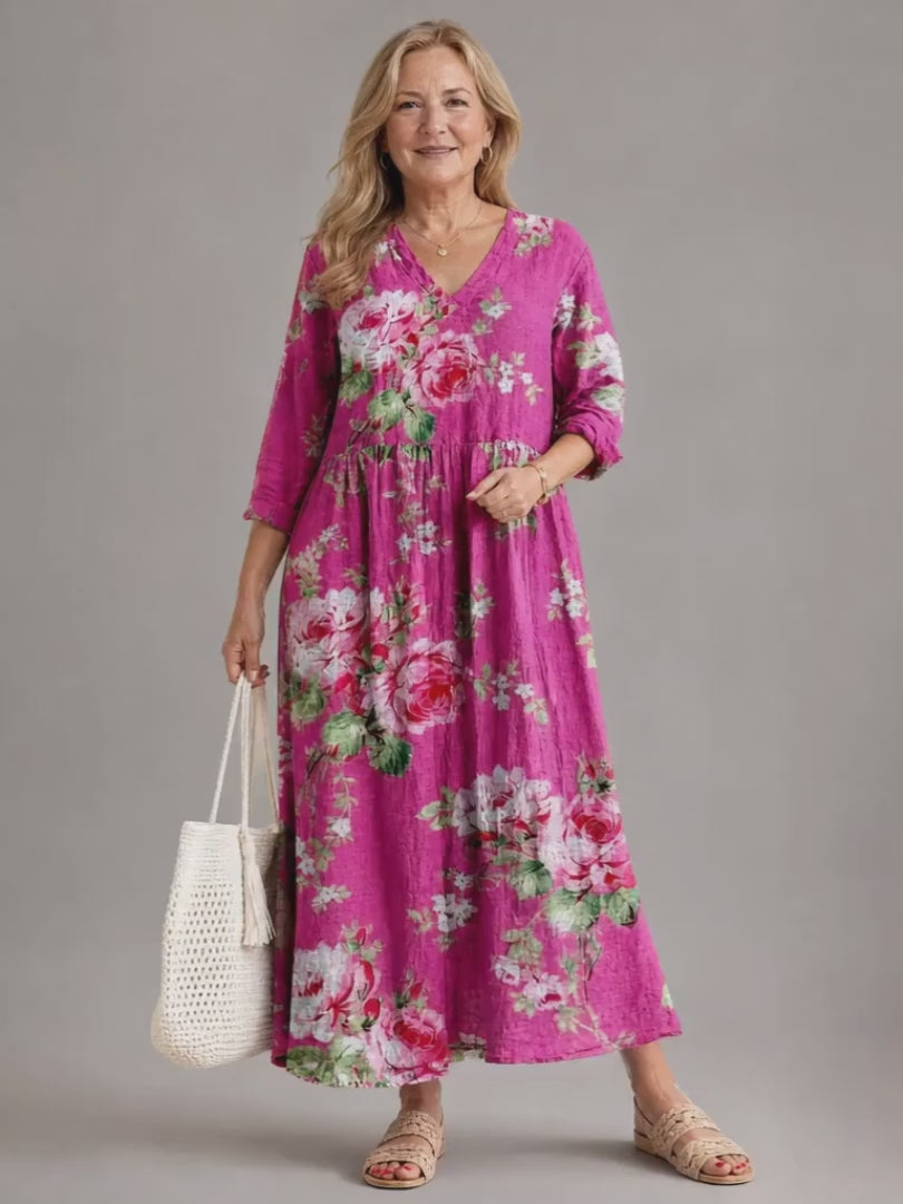 Roswitha | Boho-Midikleid mit Vintage-Rosendruck