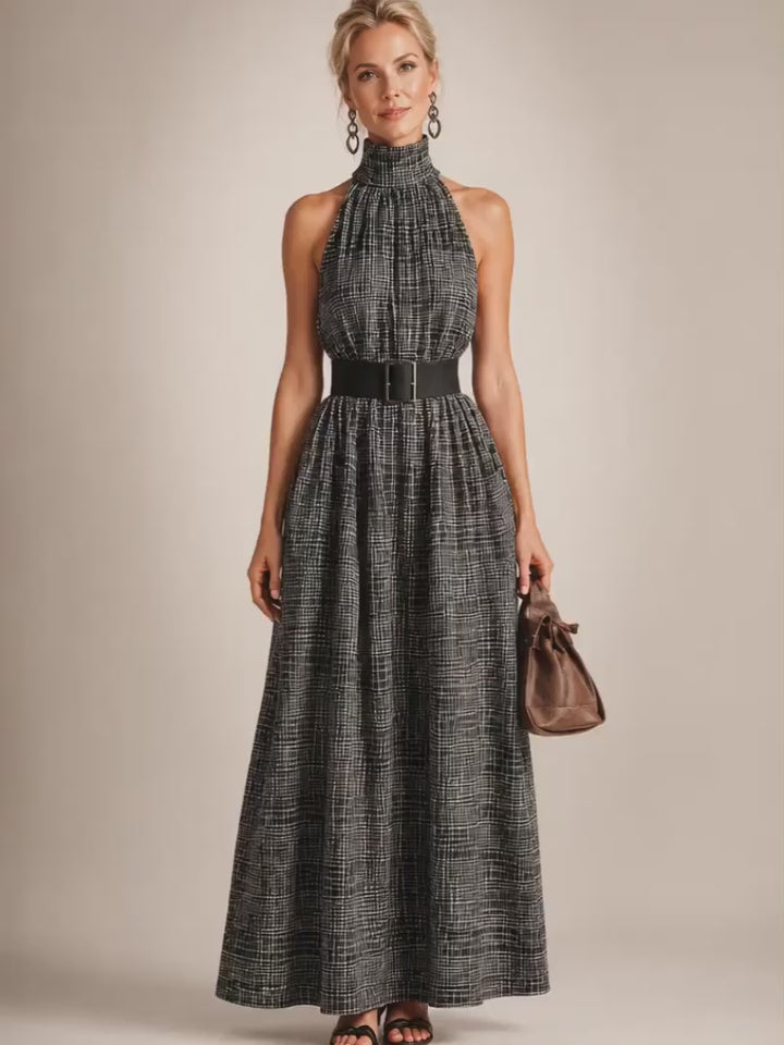 Hedwig | Karo-Maxikleid mit Stehkragen und Gürtel