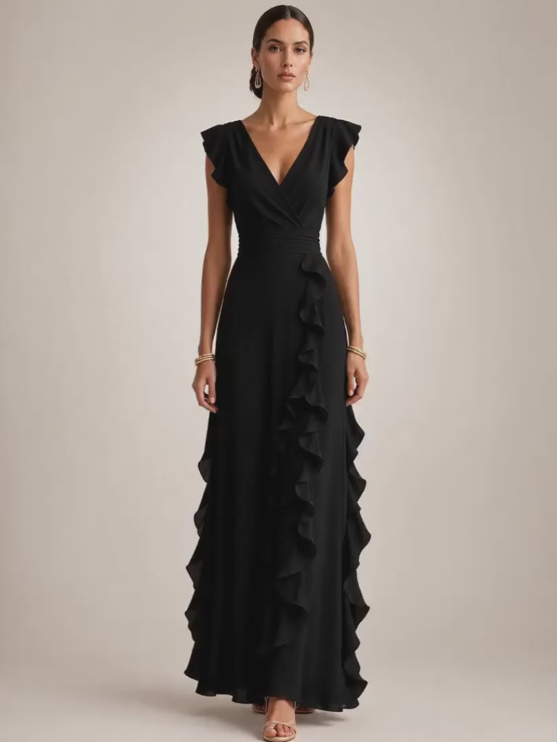 Gerhild | Plissee-Abendkleid mit V-Ausschnitt und kurzen Ärmeln