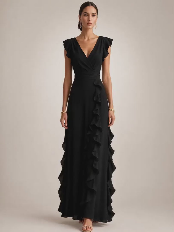Gerhild | Plissee-Abendkleid mit V-Ausschnitt und kurzen Ärmeln