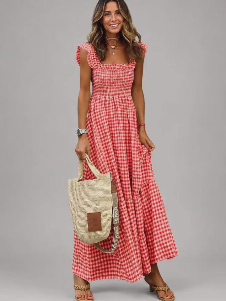 Helena | Karo-Maxikleid mit Smock-Bund