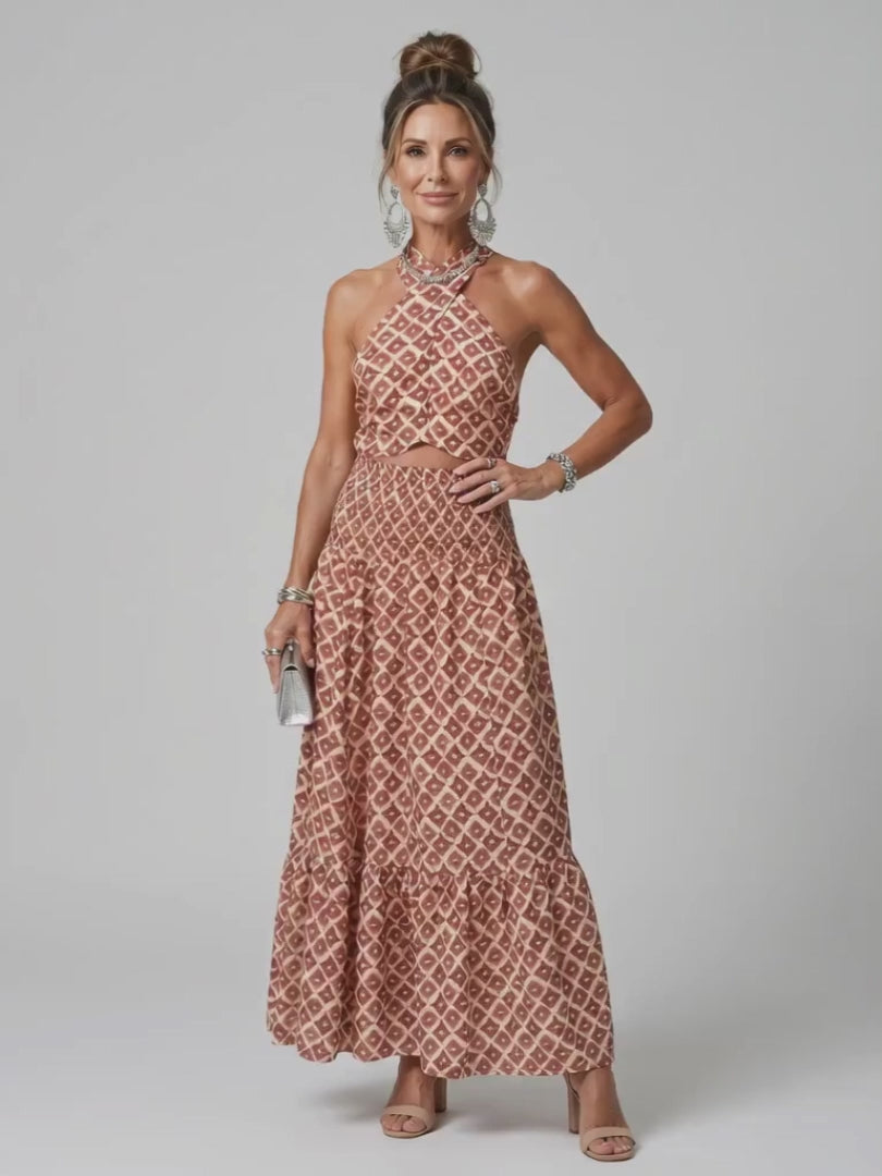 Ines | Midikleid mit Halterneck und Geometrikmuster