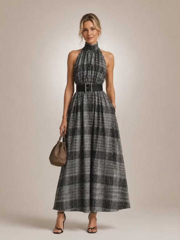 Hedwig | Karo-Maxikleid mit Stehkragen und Gürtel