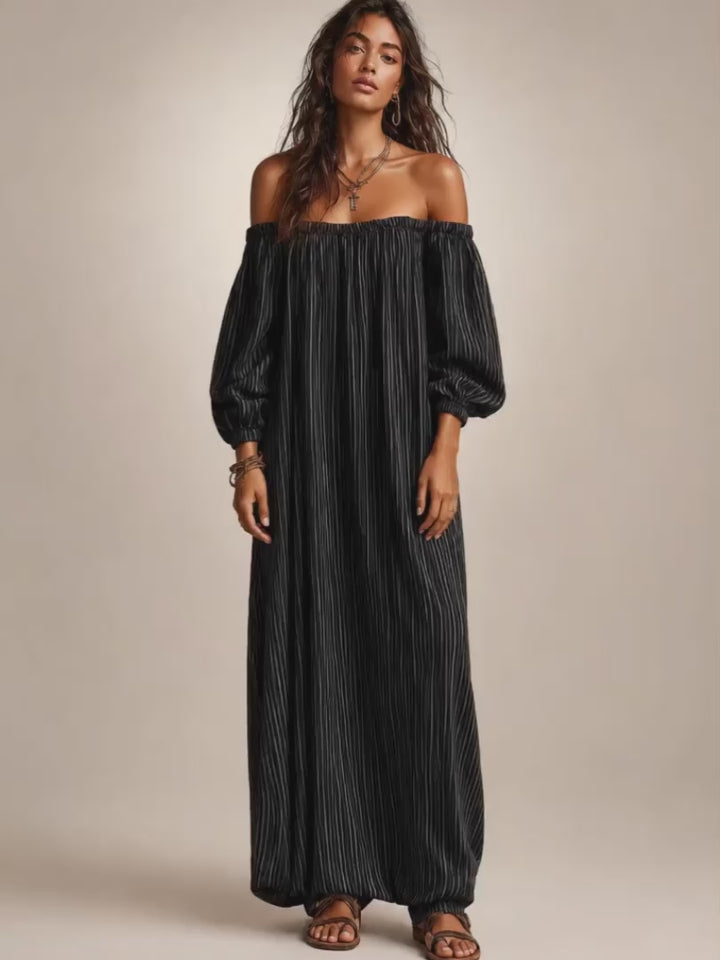 Sieglinde | Off-Shoulder-Maxikleid aus Leinenmix mit langen Ärmeln
