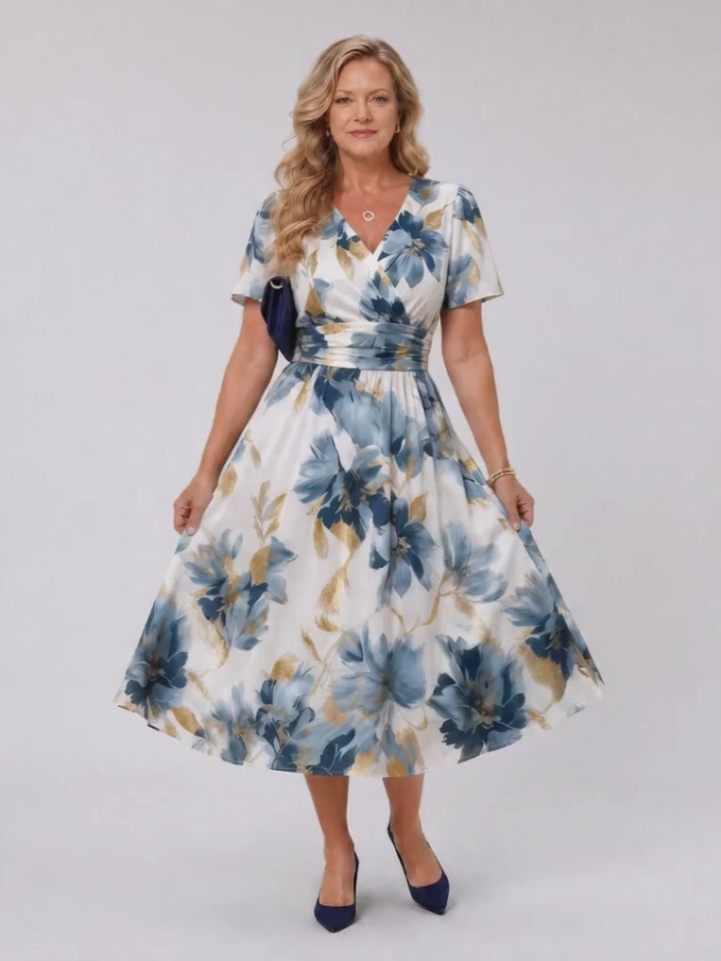 Ottilie | Geblümtes Wickel-Midikleid mit kurzen Ärmeln