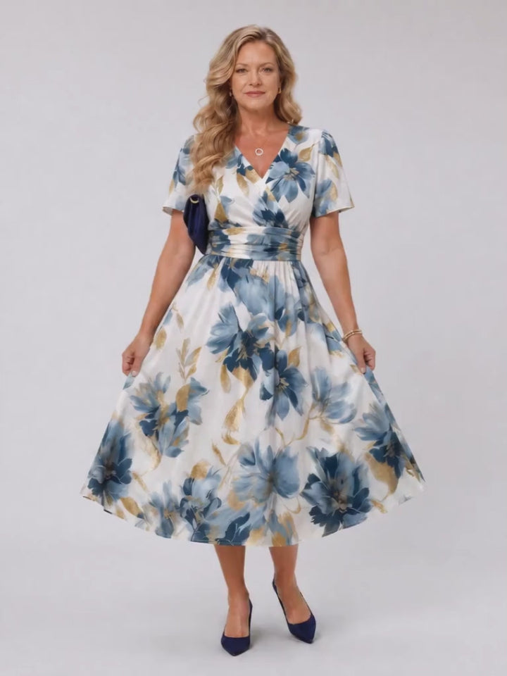 Ottilie | Geblümtes Wickel-Midikleid mit kurzen Ärmeln