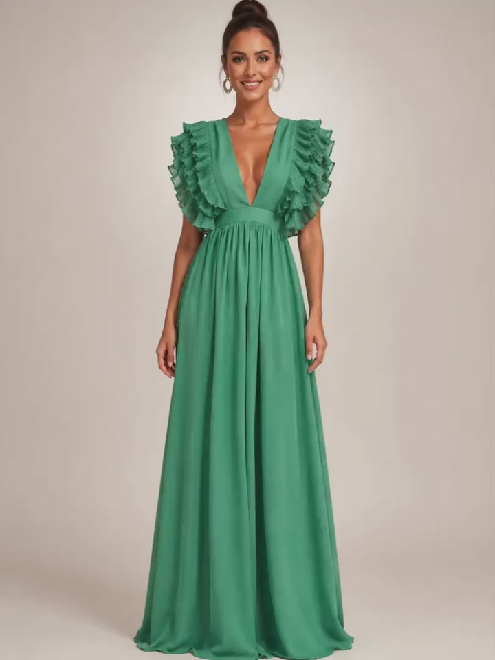 Gerlinde | Rückenfreies Maxikleid mit Volantärmeln
