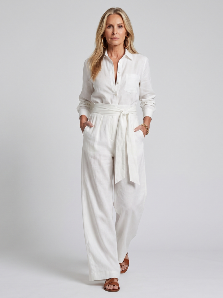 Ulrike | Langärmliger Jumpsuit mit Knopfleiste und Bindegürtel – Weiß – Ansicht 03