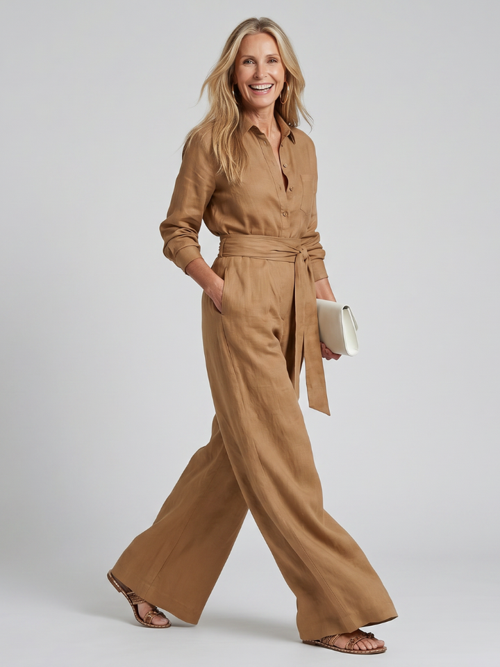 Ulrike | Langärmliger Jumpsuit mit Knopfleiste und Bindegürtel – Khaki – Ansicht 04