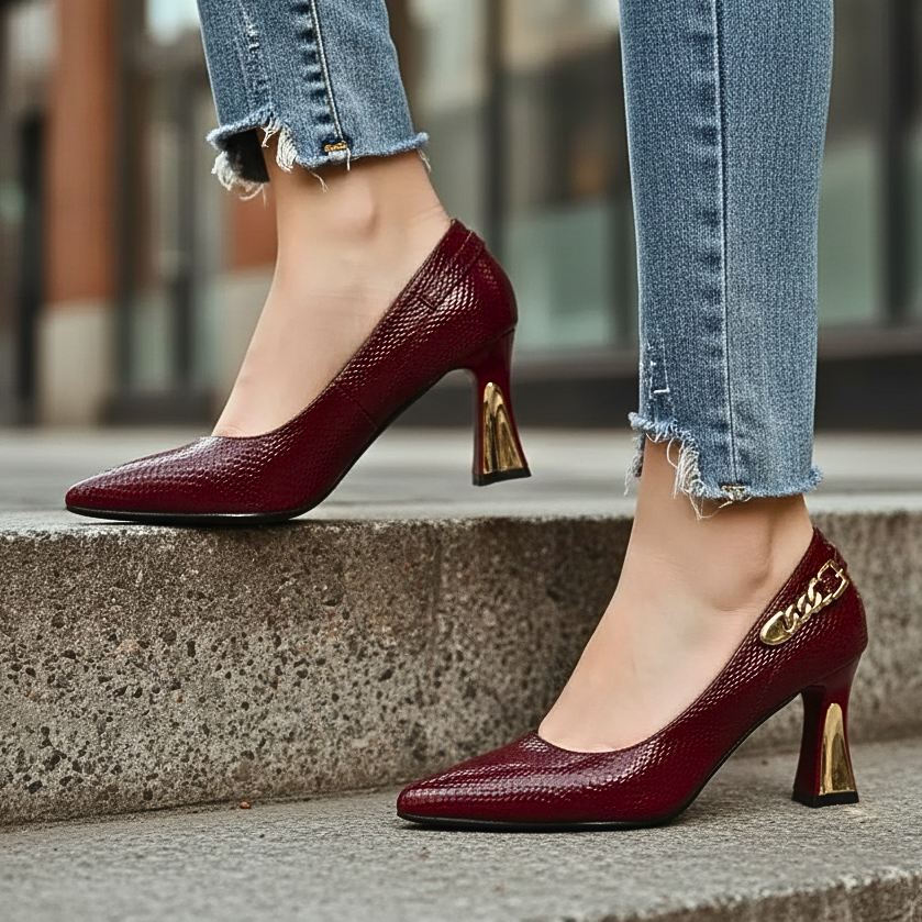 Wilhelmine | Stiletto-Pumps mit Schlangenoptik &amp; Golddetail – Ansicht 07